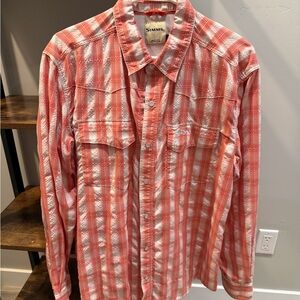 Simms Men's Fishing Coral Plaid Button Down Shirt